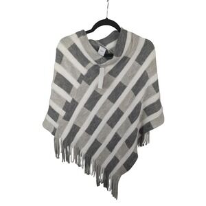 Northern Angel Womens Grey White Striped Fringe Knit Poncho Wrap S/M New